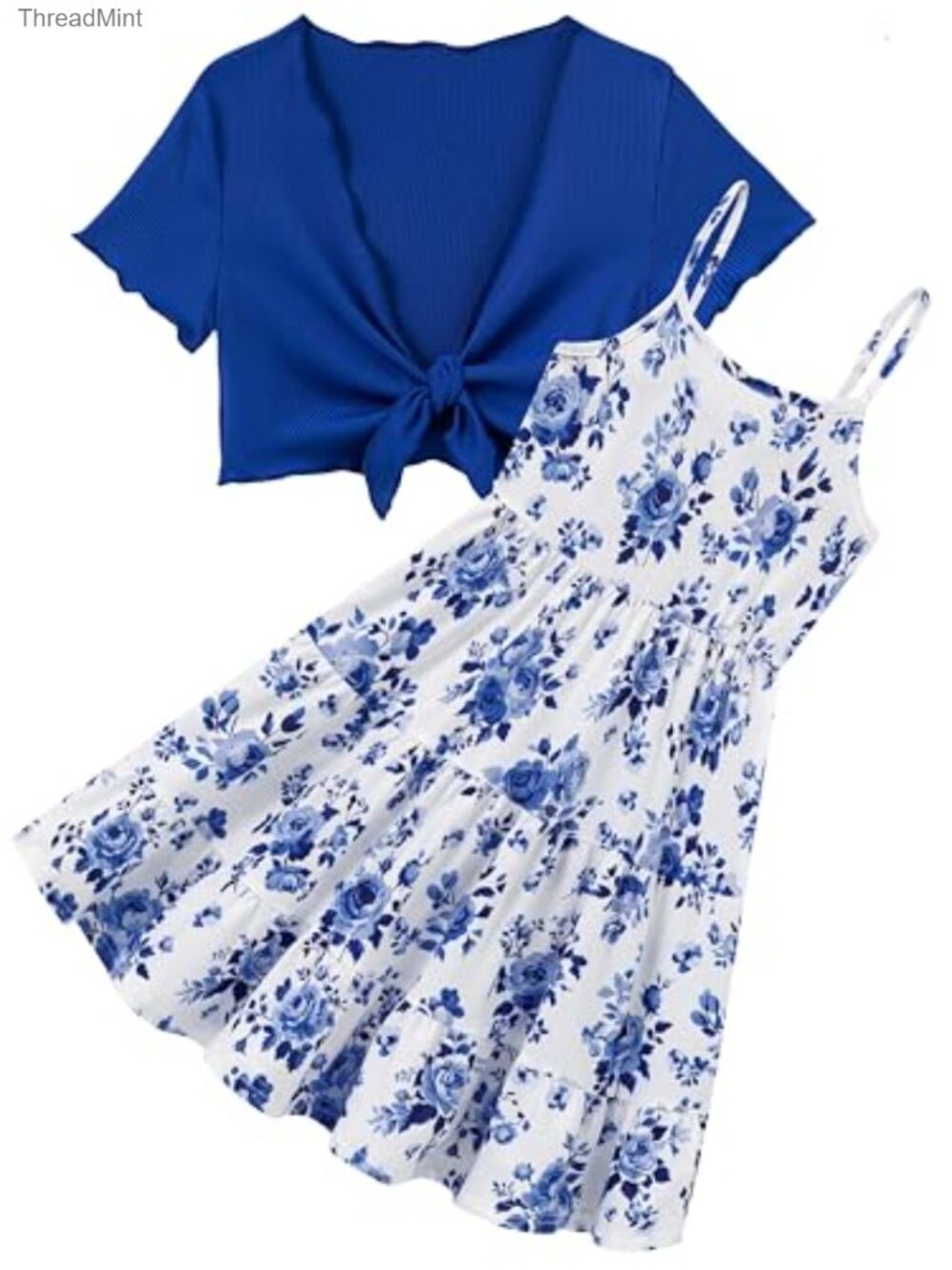 Girls Adjustable Strap Cami Dress and Cardigan 2 Piece Set A-Line Knee Length